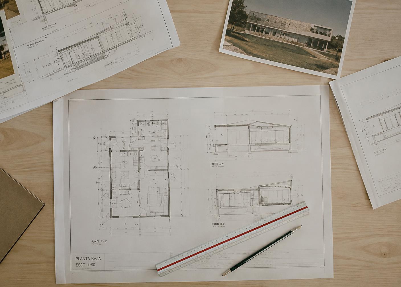 Architectural drawings on a table with a scale ruler